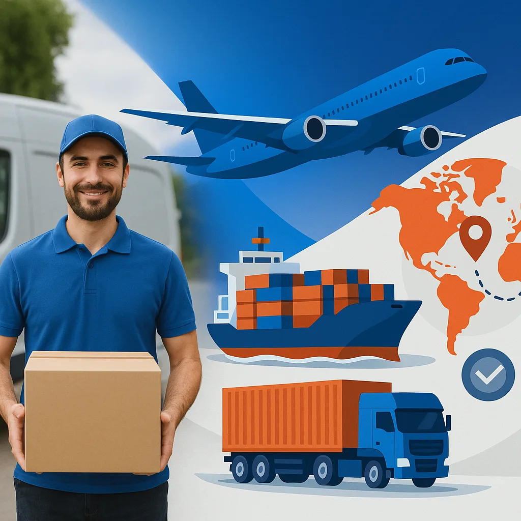 Logistics worker holding a parcel with air, sea and road freight behind him