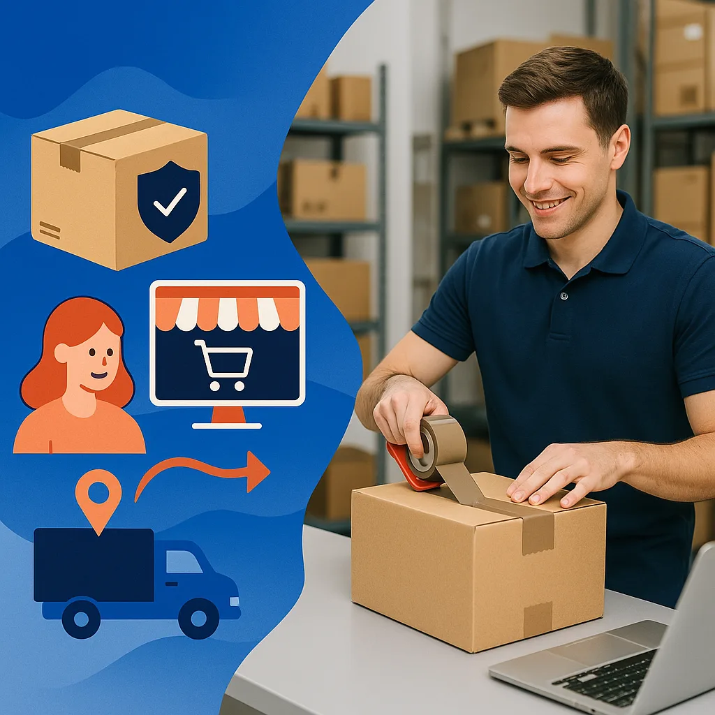 Packer taping an ecommerce order box in a fulfilment warehouse