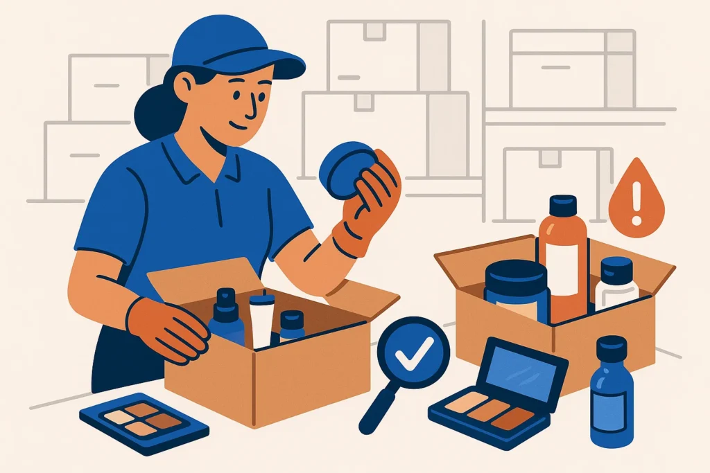 Warehouse worker picking and packing beauty products