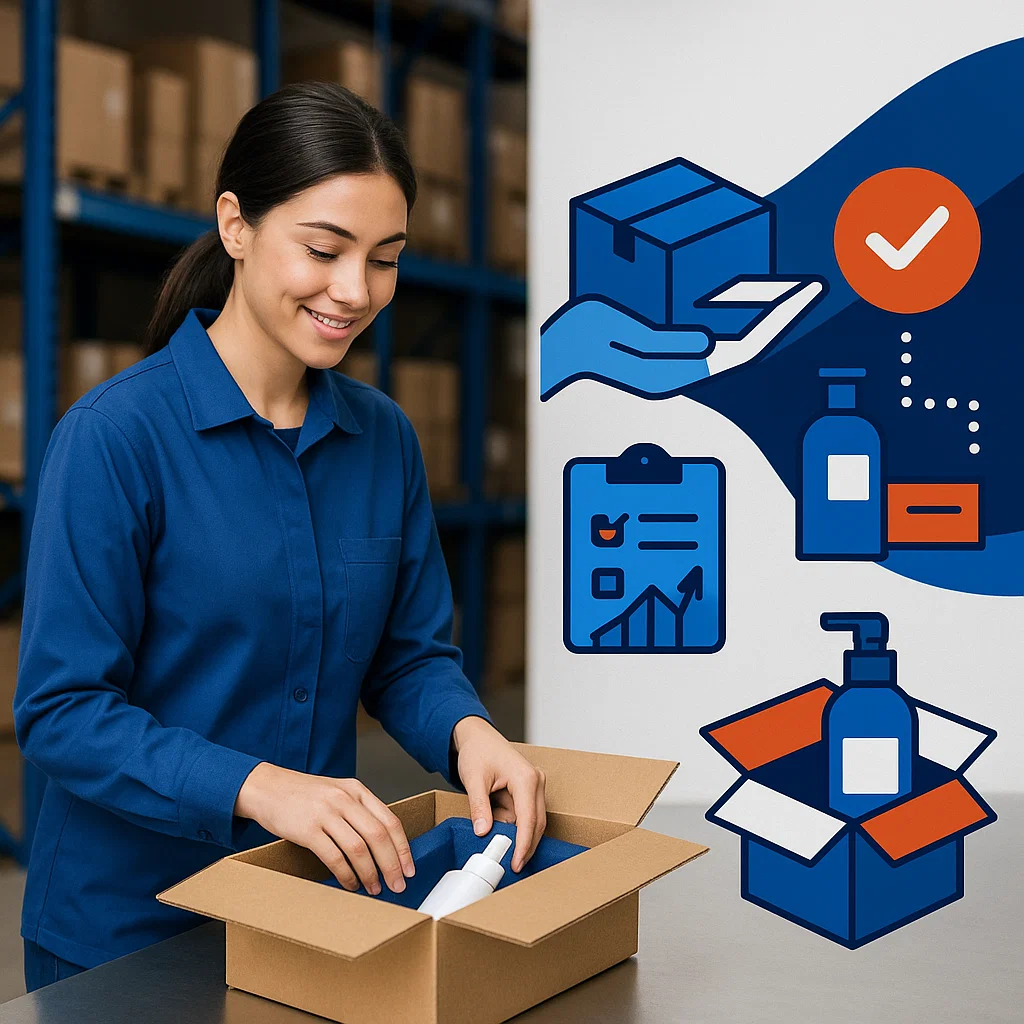 Warehouse worker packing skincare products into a box